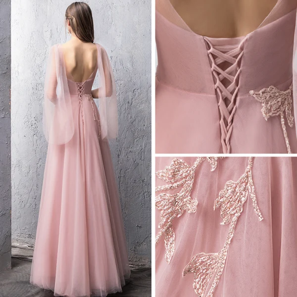 Snygga / Fina Pärla Rosa Aftonklänningar 2019 Prinsessa Genomskinliga Fyrkantig Ringning Ärmlös Beading Långa Ruffle Halterneck Formella Klänningar