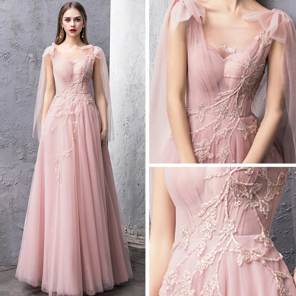 Snygga / Fina Pärla Rosa Aftonklänningar 2019 Prinsessa Genomskinliga Fyrkantig Ringning Ärmlös Beading Långa Ruffle Halterneck Formella Klänningar