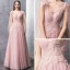 Snygga / Fina Pärla Rosa Aftonklänningar 2019 Prinsessa Genomskinliga Fyrkantig Ringning Ärmlös Beading Långa Ruffle Halterneck Formella Klänningar