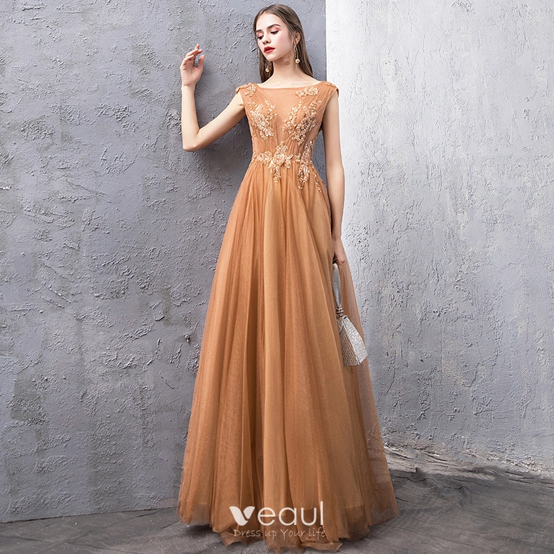 Classy Gold Evening Dresses 2019 A Line Princess See through Square Neckline Sleeveless Beading Floor Length Long Ruffle Backless Formal Dresses