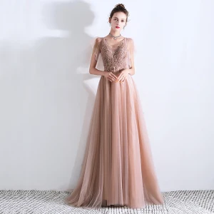 Stilig Pärla Rosa Aftonklänningar 2019 Prinsessa Djup V Hals Korta Ärm Beading Svep Tåg Ruffle Halterneck Formella Klänningar
