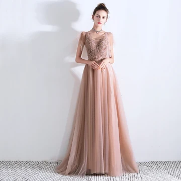 Elegancka Różowy Perłowy Sukienki Wieczorowe 2019 Princessa Głęboki V Szyja Kótkie Rękawy Frezowanie Trenem Sweep Wzburzyć Bez Pleców Sukienki Wizytowe