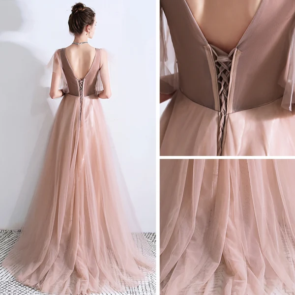 Edles Pearl Rosa Abendkleider 2019 A Linie Tiefer V-Ausschnitt Kurze Ärmel Perlenstickerei Sweep / Pinsel Zug Rüschen Rückenfreies Festliche Kleider