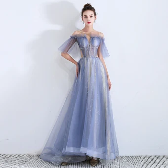 Fabuleux Bleu Ciel Transparentes Robe De Soirée 2019 Princesse Encolure Dégagée Manches Courtes Paillettes Perlage Glitter Tulle Train De Balayage Volants Dos Nu Robe De Ceremonie