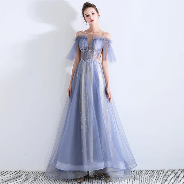 Fabuleux Bleu Ciel Transparentes Robe De Soirée 2019 Princesse Encolure Dégagée Manches Courtes Paillettes Perlage Glitter Tulle Train De Balayage Volants Dos Nu Robe De Ceremonie