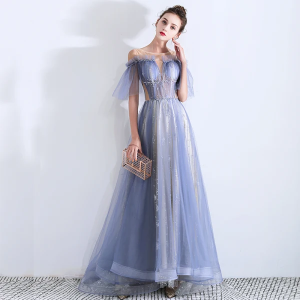 Fabuleux Bleu Ciel Transparentes Robe De Soirée 2019 Princesse Encolure Dégagée Manches Courtes Paillettes Perlage Glitter Tulle Train De Balayage Volants Dos Nu Robe De Ceremonie