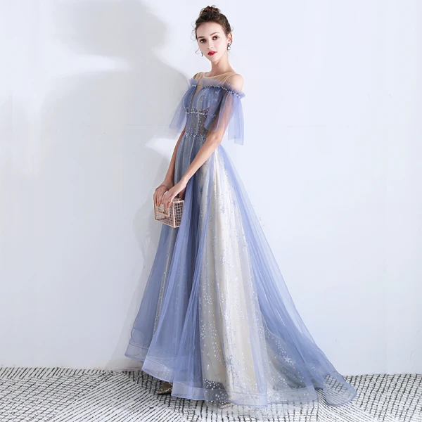 Fabuleux Bleu Ciel Transparentes Robe De Soirée 2019 Princesse Encolure Dégagée Manches Courtes Paillettes Perlage Glitter Tulle Train De Balayage Volants Dos Nu Robe De Ceremonie