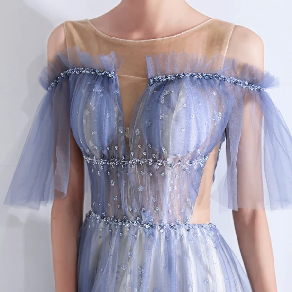 Fabuleux Bleu Ciel Transparentes Robe De Soirée 2019 Princesse Encolure Dégagée Manches Courtes Paillettes Perlage Glitter Tulle Train De Balayage Volants Dos Nu Robe De Ceremonie
