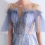 Fabuleux Bleu Ciel Transparentes Robe De Soirée 2019 Princesse Encolure Dégagée Manches Courtes Paillettes Perlage Glitter Tulle Train De Balayage Volants Dos Nu Robe De Ceremonie