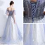 Fabuleux Bleu Ciel Transparentes Robe De Soirée 2019 Princesse Encolure Dégagée Manches Courtes Paillettes Perlage Glitter Tulle Train De Balayage Volants Dos Nu Robe De Ceremonie