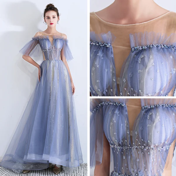 Fabuleux Bleu Ciel Transparentes Robe De Soirée 2019 Princesse Encolure Dégagée Manches Courtes Paillettes Perlage Glitter Tulle Train De Balayage Volants Dos Nu Robe De Ceremonie