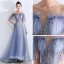 Fabuleux Bleu Ciel Transparentes Robe De Soirée 2019 Princesse Encolure Dégagée Manches Courtes Paillettes Perlage Glitter Tulle Train De Balayage Volants Dos Nu Robe De Ceremonie