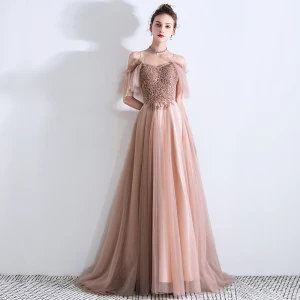 Chic Belle Perle Rose Robe De Soirée 2019 Princesse Bretelles Spaghetti Manches Courtes Perlage Train De Balayage Volants Dos Nu Robe De Ceremonie