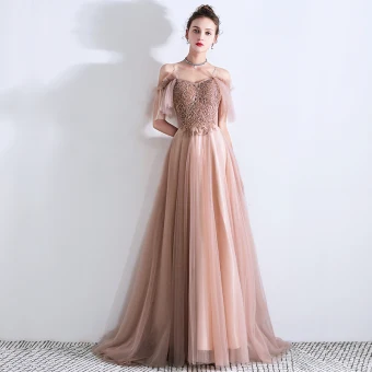 Chic Belle Perle Rose Robe De Soirée 2019 Princesse Bretelles Spaghetti Manches Courtes Perlage Train De Balayage Volants Dos Nu Robe De Ceremonie