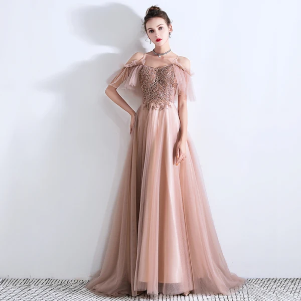 Schöne Pearl Rosa Abendkleider 2019 A Linie Spaghettiträger Kurze Ärmel Perlenstickerei Sweep / Pinsel Zug Rüschen Rückenfreies Festliche Kleider