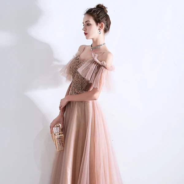 Schöne Pearl Rosa Abendkleider 2019 A Linie Spaghettiträger Kurze Ärmel Perlenstickerei Sweep / Pinsel Zug Rüschen Rückenfreies Festliche Kleider