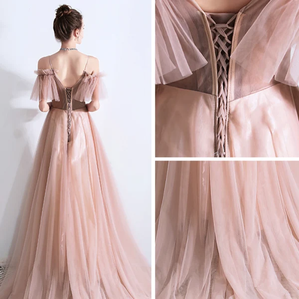 Schöne Pearl Rosa Abendkleider 2019 A Linie Spaghettiträger Kurze Ärmel Perlenstickerei Sweep / Pinsel Zug Rüschen Rückenfreies Festliche Kleider