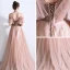Schöne Pearl Rosa Abendkleider 2019 A Linie Spaghettiträger Kurze Ärmel Perlenstickerei Sweep / Pinsel Zug Rüschen Rückenfreies Festliche Kleider