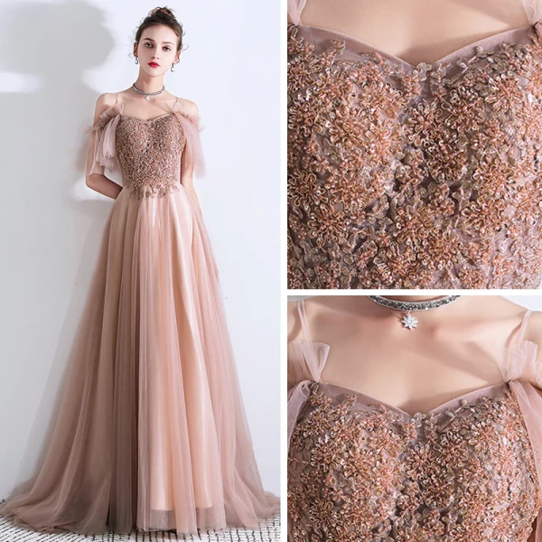 Schöne Pearl Rosa Abendkleider 2019 A Linie Spaghettiträger Kurze Ärmel Perlenstickerei Sweep / Pinsel Zug Rüschen Rückenfreies Festliche Kleider