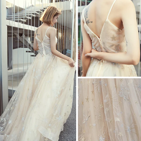 Modern / Fashion Champagne Prom Dresses 2019 A-Line / Princess Spaghetti Straps Sleeveless Star Appliques Lace Floor-Length / Long Ruffle Backless Formal Dresses