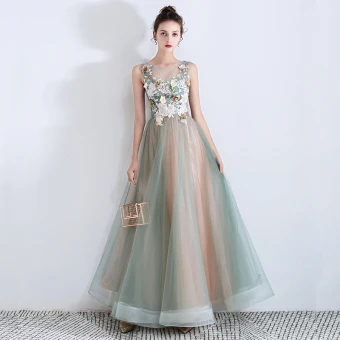 Flower Fairy Sage Green See Through Evening Dresses 2019 A Line Princess Scoop Neck Sleeveless Appliques Lace Flower Rhinestone Floor Length Long Ruffle Backless