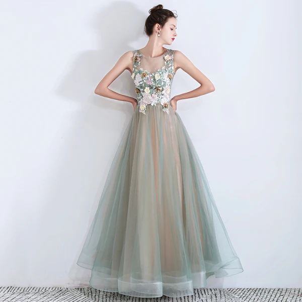 Flower Fairy Sage Green See-through Evening Dresses 2019 A-Line / Princess Scoop Neck Sleeveless Appliques Lace Flower Rhinestone Floor-Length / Long Ruffle Backless