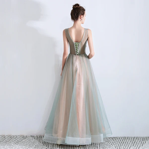 Flower Fairy Sage Green See-through Evening Dresses 2019 A-Line / Princess Scoop Neck Sleeveless Appliques Lace Flower Rhinestone Floor-Length / Long Ruffle Backless