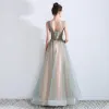 Flower Fairy Sage Green See-through Evening Dresses  2019 A-Line / Princess Scoop Neck Sleeveless Appliques Lace Flower Rhinestone Floor-Length / Long Ruffle Backless