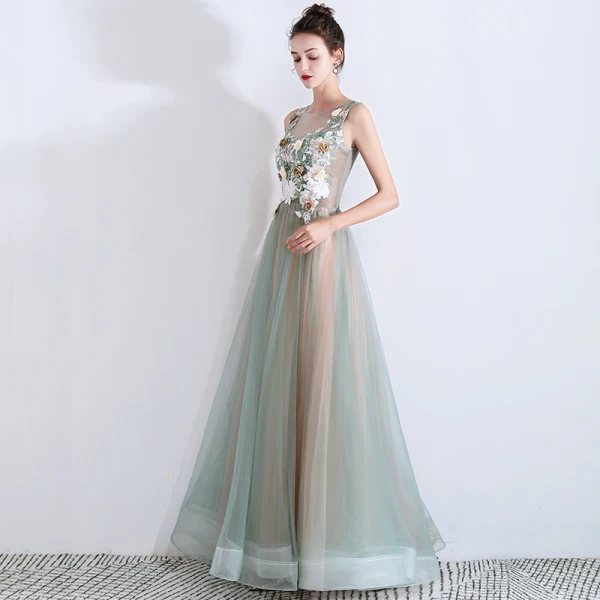 Flower Fairy Sage Green See-through Evening Dresses 2019 A-Line / Princess Scoop Neck Sleeveless Appliques Lace Flower Rhinestone Floor-Length / Long Ruffle Backless
