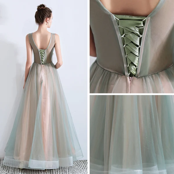 Flower Fairy Sage Green See-through Evening Dresses 2019 A-Line / Princess Scoop Neck Sleeveless Appliques Lace Flower Rhinestone Floor-Length / Long Ruffle Backless