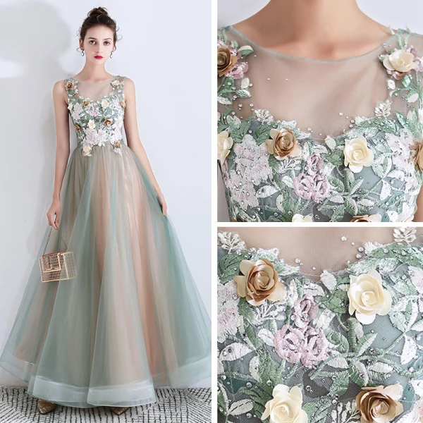 Flower Fairy Sage Green See-through Evening Dresses 2019 A-Line / Princess Scoop Neck Sleeveless Appliques Lace Flower Rhinestone Floor-Length / Long Ruffle Backless