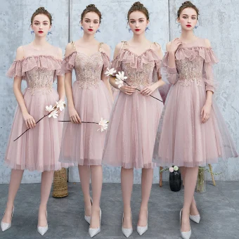 Best Blushing Pink Bridesmaid Dresses 2019 A Line Princess Appliques Lace Beading Glitter Tulle Knee Length Ruffle Backless Wedding Party Dresses