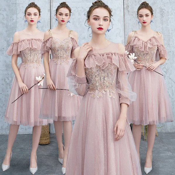 Best Blushing Pink Bridesmaid Dresses 2019 A-Line / Princess Appliques Lace Beading Glitter Tulle Knee-Length Ruffle Backless Wedding Party Dresses