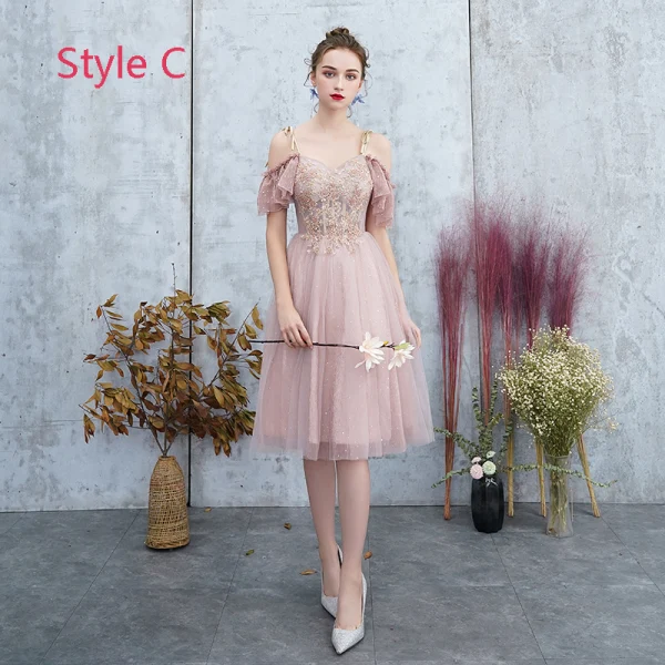 Best Blushing Pink Bridesmaid Dresses 2019 A-Line / Princess Appliques Lace Beading Glitter Tulle Knee-Length Ruffle Backless Wedding Party Dresses