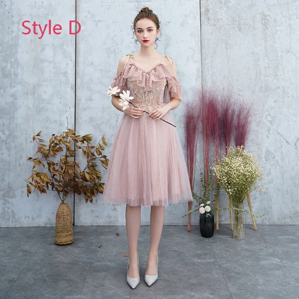 Best Blushing Pink Bridesmaid Dresses 2019 A-Line / Princess Appliques Lace Beading Glitter Tulle Knee-Length Ruffle Backless Wedding Party Dresses