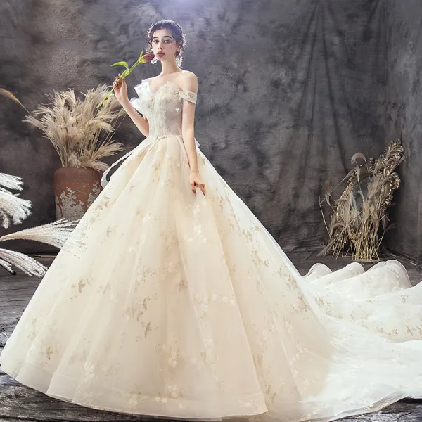 Chic / Beautiful Champagne Wedding Dresses 2019 A-Line / Princess Off-The-Shoulder Short Sleeve Backless Bow Appliques Lace Chapel Train Ruffle