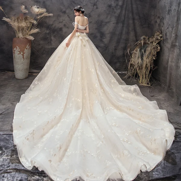Chic / Beautiful Champagne Wedding Dresses 2019 A-Line / Princess Off-The-Shoulder Short Sleeve Backless Bow Appliques Lace Chapel Train Ruffle