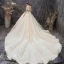 Chic / Beautiful Champagne Wedding Dresses 2019 A-Line / Princess Off-The-Shoulder Short Sleeve Backless Bow Appliques Lace Chapel Train Ruffle