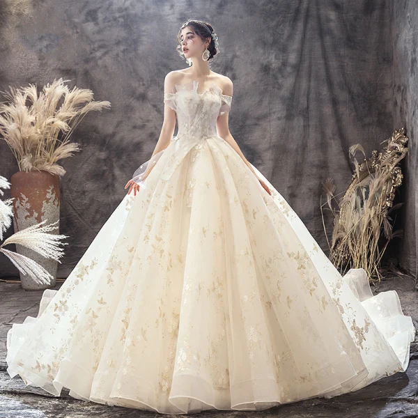 Chic / Beautiful Champagne Wedding Dresses 2019 A-Line / Princess Off-The-Shoulder Short Sleeve Backless Bow Appliques Lace Chapel Train Ruffle