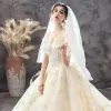 Chic / Beautiful Champagne Wedding Dresses 2019 A-Line / Princess Off-The-Shoulder Short Sleeve Backless Bow Appliques Lace Chapel Train Ruffle