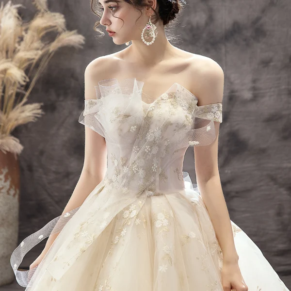 Chic / Beautiful Champagne Wedding Dresses 2019 A-Line / Princess Off-The-Shoulder Short Sleeve Backless Bow Appliques Lace Chapel Train Ruffle