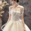 Chic / Beautiful Champagne Wedding Dresses 2019 A-Line / Princess Off-The-Shoulder Short Sleeve Backless Bow Appliques Lace Chapel Train Ruffle