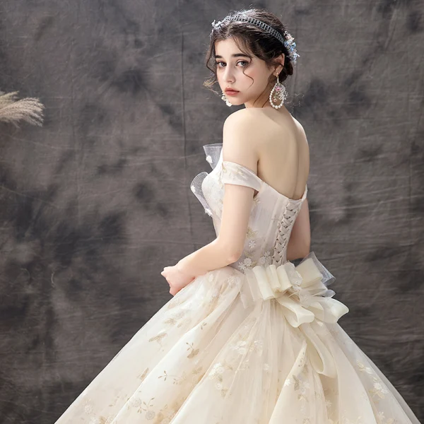 Chic / Beautiful Champagne Wedding Dresses 2019 A-Line / Princess Off-The-Shoulder Short Sleeve Backless Bow Appliques Lace Chapel Train Ruffle