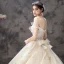 Chic / Beautiful Champagne Wedding Dresses 2019 A-Line / Princess Off-The-Shoulder Short Sleeve Backless Bow Appliques Lace Chapel Train Ruffle