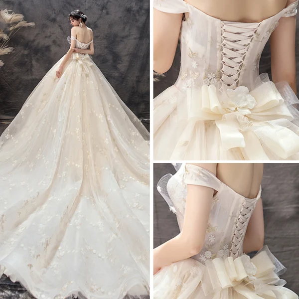 Chic / Beautiful Champagne Wedding Dresses 2019 A-Line / Princess Off-The-Shoulder Short Sleeve Backless Bow Appliques Lace Chapel Train Ruffle