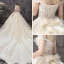 Chic / Beautiful Champagne Wedding Dresses 2019 A-Line / Princess Off-The-Shoulder Short Sleeve Backless Bow Appliques Lace Chapel Train Ruffle