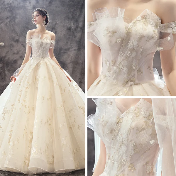 Chic / Beautiful Champagne Wedding Dresses 2019 A-Line / Princess Off-The-Shoulder Short Sleeve Backless Bow Appliques Lace Chapel Train Ruffle
