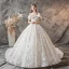 Luxury / Gorgeous Champagne Wedding Dresses 2019 A-Line / Princess Off-The-Shoulder Short Sleeve Backless Appliques Lace Beading Glitter Sequins Chapel Train Ruffle