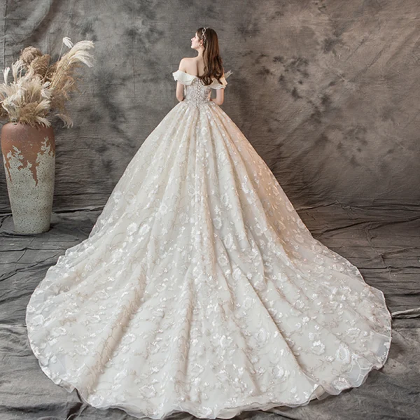 Luxury / Gorgeous Champagne Wedding Dresses 2019 A-Line / Princess Off-The-Shoulder Short Sleeve Backless Appliques Lace Beading Glitter Sequins Chapel Train Ruffle