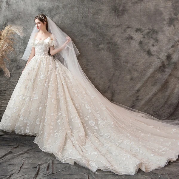Luxury / Gorgeous Champagne Wedding Dresses 2019 A-Line / Princess Off-The-Shoulder Short Sleeve Backless Appliques Lace Beading Glitter Sequins Chapel Train Ruffle
